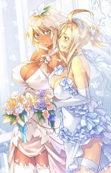 Rule 34 | 23 (real xxiii), 2girls, ahoge, bare shoulders, blonde hair, blue eyes, blush, bouquet, breasts, bridal veil, bride, center opening, cleavage, cleavage cutout, clothing cutout, colored eyelashes, couple, covered erect nipples, dark-skinned female, dark skin, dress, earrings, elbow gloves, english text, female focus, flower, gloves, green eyes, grin, halterneck, highres, huge breasts, jewelry, large breasts, lips, long hair, multiple girls, no bra, open mouth, original, ponytail, sela (23), smile, thighhighs, ursula (23), veil, wedding, wedding dress, white thighhighs, yuri