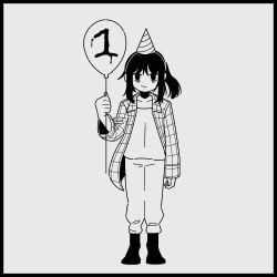 Rule 34 | 1girl, balloon, black eyes, black footwear, black hair, calponpon, full body, grey background, greyscale, hat, highres, long hair, long sleeves, looking at viewer, monochrome, no nose, original, party hat, ponytail, real life, simple background, smile, solo, standing