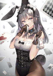 Rule 34 | 1girl, absurdres, ace (playing card), ace of hearts, ace of spades, animal ears, black bow, black leotard, blue eyes, bow, braid, brown gloves, brown pantyhose, card, commentary, covering own mouth, detached sleeves, duplicate, fake animal ears, gloves, hair bow, heart, highres, holding, holding own hair, leotard, long hair, looking at viewer, maid headdress, mole, mole on arm, mole under eye, o-ring, okuma mai, original, pantyhose, parted lips, pixel-perfect duplicate, playboy bunny, playing card, rabbit ears, shirt, short sleeves, silver hair, solo, spade (shape), symbol-only commentary, white shirt