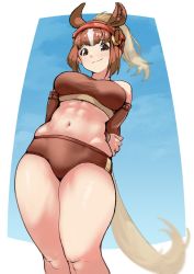 Rule 34 | 1girl, abs, animal ears, bare shoulders, brown buruma, brown eyes, brown sleeves, brown sports bra, buruma, chestnut thoroughbred (kemono friends), commentary, cowboy shot, detached sleeves, from below, hatch (hatch box), headgear, horse ears, horse girl, horse tail, kemono friends, light brown hair, looking at viewer, midriff, multicolored hair, navel, ponytail, smile, solo, sports bra, sportswear, tail, two-tone hair, white hair