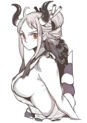 Rule 34 | 1girl, aosora2823, blush, breasts, closed mouth, commentary, earrings, from side, greyscale, hair ornament, hair stick, highres, hoop earrings, horns, japanese clothes, jewelry, kimono, large breasts, long hair, looking at viewer, monochrome, multicolored hair, no bra, one piece, oni horns, parted bangs, ponytail, red eyes, rope, shimenawa, sideboob, sidelocks, simple background, sleeveless, sleeveless kimono, solo, spot color, two-tone hair, upper body, white background, yamato (one piece)