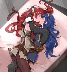 Rule 34 | 2girls, absurdres, bad id, bad twitter id, bed, blue hair, blush, brown gloves, closed eyes, commentary, commission, couple, detached sleeves, english commentary, fingerless gloves, fire emblem, fire emblem awakening, from above, gloves, hairband, highres, hug, kiss, kohiu, light blush, long hair, looking at another, lucina (fire emblem), lying, multiple girls, nintendo, on side, pantyhose, red hair, severa (fire emblem), smile, twintails, very long hair, yuri