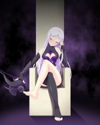Rule 34 | 1girl, absurdres, armor, barefoot, breasts, cleavage, ear protection, feet, flutter (800716), forehead protector, gloves, helmet, highres, league of legends, crossed legs, long hair, medium breasts, no shoes, purple eyes, silver hair, solo, syndra, thighhighs, toeless legwear, toes, very long hair