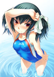 Rule 34 | 1girl, black hair, bosshi, breasts, competition swimsuit, covered erect nipples, looking at viewer, medium breasts, mizuno (brand), one-piece swimsuit, original, red eyes, short hair, solo, swimsuit, twintails, wading, water, wet, yu (bosshi)