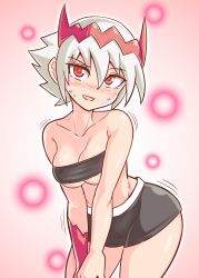 Rule 34 | 1girl, breasts, cleavage, commentary request, cougar (cougar1404), dragon: marked for death, empress (dmfd), looking at viewer, midriff, open mouth, red eyes, short hair, smile, solo, strapless, tube top, white hair