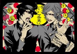 Rule 34 | 2boys, androgynous, buttons, crossover, finger to mouth, frown, fruit, gakuran, gloves, gun, hat, litchi hikari club, looking at another, lupin iii, lychee, monochrome, multiple boys, nail polish, open mouth, oscar (lupin), raizou (litchi hikari club), school uniform, shaapu, uniform, wavy hair, weapon