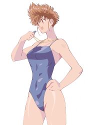 Rule 34 | 1girl, artist request, bare legs, blue one-piece swimsuit, breasts, brown eyes, brown hair, competition swimsuit, covered navel, hand on own hip, highres, honoo no toukyuuji: dodge danpei, ichigeki haruka, mature female, medium breasts, medium hair, one-piece swimsuit, open mouth, shiny skin, short hair, smile, solo, swimsuit, whistle, whistle around neck, wide hips