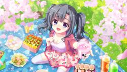 Rule 34 | 1girl, bento, black footwear, black hair, blanket, blue eyes, bottle, breasts, cherry blossoms, cleavage, clothes pull, collarbone, cup, dot nose, film grain, floral print, food, food request, from above, game cg, grass, hanami, high heels, holding, holding cup, itsumura yukari, izumi tsubasu, jacket, lens flare, looking at viewer, macaron, medium breasts, non-web source, official art, open mouth, outdoors, paper plate, picnic, pink jacket, plastic bottle, plate, print skirt, re:stage!, rose print, shirt, shirt pull, shoes, unworn shoes, sitting, skirt, smile, solo, sparkle, sushi, swept bangs, thighhighs, two side up, wariza, white shirt, white thighhighs, yellow skirt