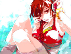 Rule 34 | 1girl, bracelet, breasts, caracoro, female focus, headphones, jewelry, meiko (vocaloid), red eyes, red hair, short hair, solo, swimsuit, vocaloid, water