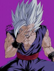 Rule 34 | 1boy, artist name, biceps, black wristband, commentary request, dougi, dragon ball, dragon ball super, dragon ball super super hero, gohan beast, grey hair, hand on own forehead, hand up, highres, looking at viewer, male focus, muscular, muscular male, open mouth, pectoral cleavage, pectorals, purple background, red eyes, red sash, sash, scratches, seya (asasei 718), signature, simple background, sleeveless, solo, son gohan, spiked hair, teeth, tongue, torn clothes, v-shaped eyebrows, veins, wristband