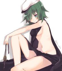 Rule 34 | 10s, 1girl, breasts, cape, eyepatch, unworn eyepatch, green eyes, green hair, hair over one eye, kantai collection, kiso (kancolle), looking at viewer, matching hair/eyes, naked cape, nude, sakofu, short hair, small breasts, smile, solo, twitter username, white background