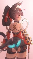 Rule 34 | 1girl, absurdres, animal ear fluff, animal ears, ass cutout, bare shoulders, blush, cat ears, cat girl, closed mouth, clothing cutout, dark-skinned female, dark skin, from behind, fur-trimmed shorts, fur trim, gradient background, hairband, highres, holding, holding weapon, kyaong, looking away, multiple tails, nekomiya mana, ponytail, red eyes, red hairband, shorts, skindentation, solo, standing, tail, tassel, thighhighs, two tails, weapon, zenless zone zero