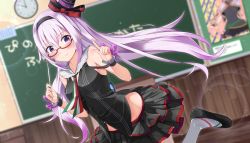 Rule 34 | .live, 1girl, bespectacled, blurry, blurry background, breasts, carro pino, chalkboard, commentary request, glasses, hat, headband, highres, leg up, long hair, looking at viewer, namae hamada, purple eyes, purple hair, sleeveless, solo, virtual youtuber