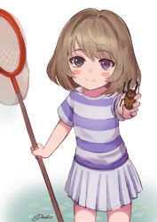 Rule 34 | 1girl, aged down, animal, animal crossing, artist name, beetle, blue eyes, blush stickers, bug, butterfly net, child, closed mouth, cowboy shot, crossover, grass, green eyes, green hair, hand net, heterochromia, holding, holding animal, idolmaster, idolmaster cinderella girls, insect, legs apart, looking at viewer, meto31, mole, mole under eye, nintendo, outstretched arm, pleated skirt, shirt, short hair, short sleeves, signature, simple background, skirt, smile, solo, standing, striped clothes, striped shirt, takagaki kaede, tsurime, white background