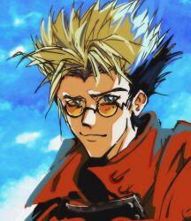 Rule 34 | 1boy, blonde hair, blue sky, closed mouth, cloud, cloudy sky, coat, green eyes, highres, inferno (liketheinferno), looking at viewer, male focus, mole, mole under eye, red coat, sky, solo, sunglasses, trigun, vash the stampede