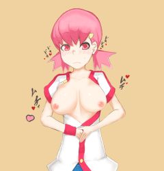 Rule 34 | 1girl, absurdres, beige background, blush, breasts, breasts out, collarbone, creatures (company), female focus, game freak, gym leader, hair ornament, hairclip, hands up, heart, highres, large breasts, looking at viewer, matching hair/eyes, nakanun, nintendo, nipples, no bra, open clothes, open shirt, own hands together, pink eyes, pink hair, pokemon, pokemon hgss, shirt, short hair, short sleeves, simple background, solo, sweat, text focus, translation request, upper body, white shirt, whitney (pokemon), wristband