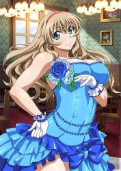 Rule 34 | 1girl, blue dress, blue eyes, brown hair, dress, flower, gloves, ikkitousen, indoors, looking at viewer, sonken chuubou