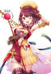 Rule 34 | 1girl, alt (ctrldel), armpits, atelier (series), atelier sophie, beret, blush, boots, breasts, brown eyes, brown gloves, brown hair, commentary request, detached sleeves, gloves, graphite (medium), hair between eyes, hat, highres, holding, holding staff, looking at viewer, medium breasts, navel, one eye closed, open mouth, salute, short hair, simple background, solo, sophie neuenmuller, staff, thigh boots, thighhighs, traditional media, white background, yellow hat, zettai ryouiki