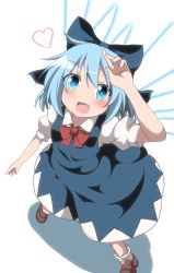 Rule 34 | 1girl, absurdres, blue dress, blue eyes, blue hair, blush, bow, cirno, do (4-rt), dress, fang, hair bow, heart, highres, ice, ice wings, looking at viewer, looking up, matching hair/eyes, open mouth, puffy sleeves, shirt, short sleeves, smile, solo, touhou, wings