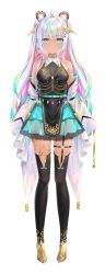 Rule 34 | 1girl, absurdres, animal ear fluff, animal ears, antenna hair, bare shoulders, black thighhighs, blue eyes, blue hair, blue skirt, breasts, closed mouth, colored inner hair, cookieswirlc, dark-skinned female, dark skin, frilled skirt, frills, full body, hair ornament, highres, indie virtual youtuber, long hair, long sleeves, looking at viewer, medium breasts, mole, mole under eye, multicolored hair, nail polish, off shoulder, pink hair, rin yuu, shoes, simple background, skirt, sleeves past wrists, solo, streaked hair, thighhighs, very long hair, virtual youtuber, white background, white hair, yellow footwear