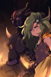 Rule 34 | 1boy, 1girl, armor, black armor, cape, cecil harvey, child, collarbone, crying, crying with eyes open, earrings, echo (circa), final fantasy, final fantasy iv, fire, green eyes, green hair, hair ornament, hand on another&#039;s head, helm, helmet, jewelry, leotard, long hair, rydia (ff4), sarong, sitting, tears, yellow sarong, aged down