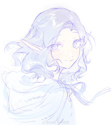 1boy absurdres androgynous blush cloak dungeon_meshi elf grey_eyes grey_hair half_up_braid highres looking_at_viewer male_focus medium_hair minodreamland mithrun mithrun_(young) muted_color pointy_ears simple_background sketch smile solo trap upper_body wavy_hair weibo_watermark white_background