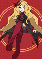 Rule 34 | 1girl, :d, absurdres, black dress, blonde hair, caitlin (fall 2021) (pokemon), caitlin (pokemon), creatures (company), crossed legs, detached sleeves, dress, full body, game freak, green eyes, hair ornament, halloween, halloween costume, high ponytail, highres, ida (idalol490), long hair, looking at viewer, nintendo, official alternate costume, official alternate hairstyle, open mouth, parted bangs, pokemon, pokemon masters ex, ponytail, red background, red thighhighs, signature, smile, solo, thighhighs, very long hair