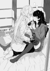 Rule 34 | 2girls, akechi gorou, amamiya ren, bed, black gloves, black hair, blush, coat, facing another, from side, full body, genderswap, genderswap (mtf), gloves, greyscale, hand on another&#039;s knee, highres, holding hands, hood, hoodie, kiyoshi st, knees up, long hair, looking at another, messy hair, monochrome, multiple girls, on bed, pants, persona, persona 5, persona 5 the royal, pleated skirt, seiza, sitting, skirt, socks, thighhighs, window, yuri