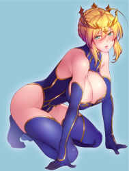 Rule 34 | 1girl, 846-gou, ahoge, arm support, artoria pendragon (fate), artoria pendragon (lancer) (fate), blonde hair, blue background, blue gloves, blue leotard, blue thighhighs, blush, braid, braided bun, breasts, cleavage, commentary request, crown, elbow gloves, fate/grand order, fate (series), french braid, gloves, gold trim, green eyes, hair between eyes, hair bun, heattech leotard, highleg, highleg leotard, highres, kneeling, large breasts, leaning forward, leotard, looking at viewer, parted lips, sidelocks, simple background, solo, thighhighs, turtleneck