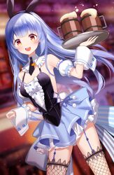 Rule 34 | 1girl, :d, animal ears, backless outfit, black hairband, blue hair, blue skirt, blunt bangs, blurry, blurry background, blush, breasts, brown eyes, cleavage, detached collar, detached sleeves, fake animal ears, fishnet thighhighs, fishnets, floating hair, garter straps, hairband, highres, holding, holding plate, hololive, kiki-yu, layered skirt, long hair, looking at viewer, miniskirt, necktie, open mouth, plate, pleated skirt, rabbit ears, short necktie, short sleeves, sideboob, skirt, small breasts, smile, solo, standing, thighhighs, usada pekora, usada pekora (furi furi bunny dress), very long hair, virtual youtuber, white sleeves