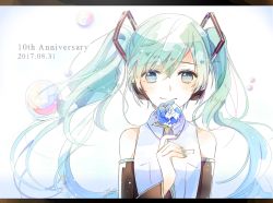 Rule 34 | 1girl, 2017, blue eyes, blue flower, blue hair, blue nails, blue rose, dated, detached sleeves, emo (ricemo), floating hair, flower, hair between eyes, hatsune miku, headphones, holding, holding flower, long hair, looking at viewer, nail polish, rose, shirt, sleeveless, sleeveless shirt, smile, solo, twintails, upper body, very long hair, vocaloid, white shirt