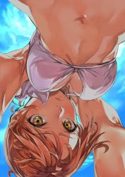 Rule 34 | 1girl, armpits, bare arms, bikini, blue sky, blush, breasts, brown hair, cleavage, closed mouth, commentary request, day, foreshortening, geregere (lantern), hojo karen, idolmaster, idolmaster cinderella girls, looking at viewer, medium breasts, navel, outdoors, short hair, sky, solo, stomach, swimsuit, upper body, upside-down, white bikini, yellow eyes