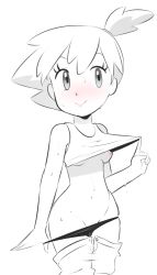 Rule 34 | 1girl, blush, breasts, clothes pull, creatures (company), crop top, game freak, hearlesssoul, highres, hip focus, misty (pokemon), monochrome, navel, nintendo, nipples, no bra, panties, panty pull, pokemon, pokemon (anime), shirt pull, shorts, small breasts, smile, solo, spot color, sweat, tank top, underboob, underwear, undressing