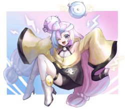 Rule 34 | 1girl, ;d, arms up, bare shoulders, black coat, blue hair, bow-shaped hair, braid, breasts, coat, creatures (company), electricity, eyelashes, full body, game freak, gen 1 pokemon, grey footwear, grey pantyhose, halterneck, high heels, highres, iono (pokemon), knees together feet apart, leon0630claude, light blue hair, long hair, long sleeves, looking at viewer, low-tied long hair, magnemite, magnet, multicolored coat, multicolored hair, nintendo, one-eyed, one eye closed, open mouth, pantyhose, pink eyes, pink hair, pokemon, pokemon (creature), pokemon sv, screw, sharp teeth, single leg pantyhose, sleeves past fingers, sleeves past wrists, small breasts, smile, solo, star (symbol), star print, teeth, thigh strap, two-tone coat, two-tone hair, v-shaped eyebrows, very long hair, wide sleeves, yellow coat