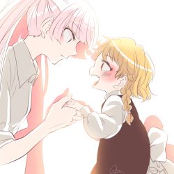 Rule 34 | 2girls, :d, aged down, alternate hairstyle, bad id, bad pixiv id, black eyes, blonde hair, blush, braid, collared shirt, eye contact, from side, fujiwara no mokou, holding hands, kirisame marisa, long hair, long sleeves, looking at another, multiple girls, open mouth, parted lips, ponytail, red eyes, shirt, side braid, signature, simple background, single braid, smile, souta (karasu no ouchi), touhou, white background, white hair, white shirt