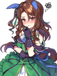 Rule 34 | 1girl, animal ears, bare shoulders, black gloves, blush, bow, brown hair, dress, frilled dress, frills, gloves, green bow, green dress, hair between eyes, hair bow, hand up, horse ears, horse girl, horse tail, king halo (umamusume), long hair, lowres, moeki yuuta, nose blush, one side up, parted bangs, parted lips, simple background, solo, squiggle, tail, umamusume, white background, white dress