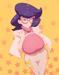 Rule 34 | 1girl, blush, breasts, clothes, creatures (company), fidelio, game freak, glasses, green eyes, huge breasts, long hair, looking at viewer, nintendo, pokemon, pokemon sm, purple hair, smile, solo, wicke (pokemon)