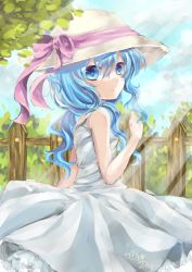 Rule 34 | 10s, 1girl, bad id, bad pixiv id, blue eyes, blue hair, cloud, date a live, day, fence, hat, leaf, long hair, machi (7769), matching hair/eyes, sky, sleeveless, solo, yoshino (date a live)