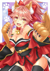 Rule 34 | 1girl, absurdres, animal ears, bell, black thighhighs, breasts, cleavage, collar, fangs, fate/grand order, fate (series), fox ears, fox tail, hair ribbon, highres, japanese clothes, large breasts, long hair, looking at viewer, neck bell, open mouth, pink hair, ribbon, solo, tail, tamamo (fate), tamamo cat (fate), tamamo cat (first ascension) (fate), tamamo no mae (fate/extra), thighhighs, yellow eyes, yurino