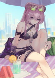 Rule 34 | 1girl, absurdres, animal ears, arknights, arm strap, bare shoulders, bikini, black bikini, bracelet, choker, closed mouth, commentary, cup, drinking glass, drinking straw, eyewear on head, food, foot out of frame, fruit, green-tinted eyewear, hair between eyes, hair ornament, hairclip, highres, jewelry, knee up, leg ribbon, lemon, lemon slice, lin (arknights), long hair, looking at viewer, melon, melon slice, miike (992058), mouse ears, mouse girl, navel, necklace, official alternate costume, outdoors, parasol, pink eyes, pink hair, ribbon, sitting, solo, sunglasses, swimsuit, thigh ribbon, tinted eyewear, umbrella, watermelon