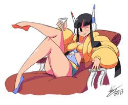 Rule 34 | 10s, 1girl, ;), asymmetrical footwear, bad id, bad tumblr id, bigdead, black hair, breasts, chair, coat, creatures (company), elesa (pokemon), eyebrows, flats, fur coat, game freak, gym leader, headphones, impossible clothes, long hair, lying, mismatched footwear, nintendo, on back, one eye closed, pokemon, pokemon bw2, reclining, smile, solo, thick eyebrows