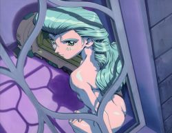 Rule 34 | 1990s (style), 1girl, aqua hair, ass, ayla v roznovsky, battle athletes, green eyes, hand on own knee, long hair, looking back, looking outside, non-web source, nude, official art, retro artstyle, shiny skin, sitting, solo, window