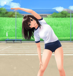 Rule 34 | 1girl, :d, arm up, bench, black hair, blue shorts, blurry, blurry background, bottle, breast pocket, breasts, brown eyes, chain-link fence, commentary request, day, depth of field, feet out of frame, fence, gym shirt, gym shorts, gym uniform, highres, leaning to the side, long hair, looking at viewer, medium breasts, nonaka ritsu, open mouth, original, outdoors, pocket, shirt, short shorts, shorts, smile, solo, standing, stretching, teeth, towel, upper teeth only, water bottle, white shirt