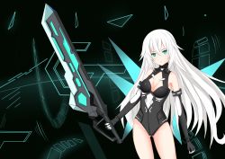 Rule 34 | 10s, 1girl, absurdres, bare shoulders, black heart (neptunia), blue eyes, breasts, cleavage, highres, ice spirit tarot, leotard, long hair, looking at viewer, neptune (series), noire (neptunia), solo, sword, symbol-shaped pupils, weapon, white hair
