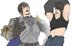 Rule 34 | 1boy, adventurer (ff14), armor, bara, black hair, black pants, black tank top, blush, closed eyes, doong 24, facial hair, final fantasy, final fantasy xiv, gauntlets, highres, hyur, large pectorals, male focus, muscular, muscular male, navel, open mouth, open pants, paladin (final fantasy), pants, pectorals, short hair, simple background, smile, tank top, undressing, warrior of light (ff14), white background