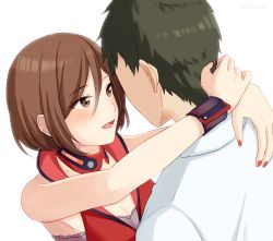 Rule 34 | 1boy, 1girl, arms around neck, bra, brown eyes, brown hair, collar, commentary, faceless, faceless male, hug, looking at another, master (vocaloid), meiko (vocaloid), meiko (vocaloid3), nail polish, nokuhashi, red nails, red shirt, shirt, short hair, underwear, upper body, vocaloid, white background, wrist cuffs