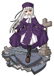 Rule 34 | 1girl, black pantyhose, blush, brown footwear, coat, cross, curtsey, fate/stay night, fate (series), full body, fur hat, hat, illyasviel von einzbern, kaze shibuki, long hair, looking at viewer, open mouth, pantyhose, papakha, purple coat, purple hat, red eyes, skirt hold, smile, solo, tombstone, white hair, winter clothes