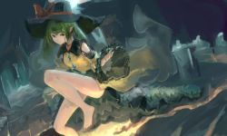 Rule 34 | 1girl, adapted costume, barefoot, clothing cutout, diao (nrays), expressionless, floating, foot out of frame, former capital, green eyes, green hair, hat, komeiji koishi, long hair, looking at viewer, pointy ears, shoulder cutout, solo, toes, touhou, wide sleeves