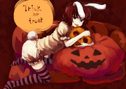 Rule 34 | 1girl, animal ears, bad id, bad pixiv id, bee (deadflow), bloomers, brown hair, english text, female focus, halloween, inaba tewi, jack-o&#039;-lantern, pumpkin, rabbit ears, rabbit girl, rabbit tail, red eyes, short hair, solo, striped clothes, striped thighhighs, tail, thighhighs, touhou, trick or treat, underwear