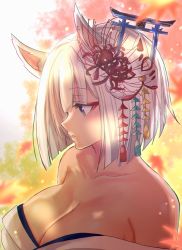 Rule 34 | 1girl, animal ear fluff, animal ears, autumn, autumn leaves, azur lane, backlighting, bad id, bad pixiv id, bare shoulders, blue eyes, bob cut, breasts, cleavage, collarbone, commentary request, falling leaves, flower, fox ears, fox girl, fox mask, hair flower, hair ornament, highres, hikagen yoshio, japanese clothes, kaga (azur lane), kimono, kimono pull, large breasts, leaf, looking away, looking down, mask, mask on head, parted lips, red flower, short hair, silver hair, solo, spider lily, teeth, torii, upper body, upper teeth only, white kimono